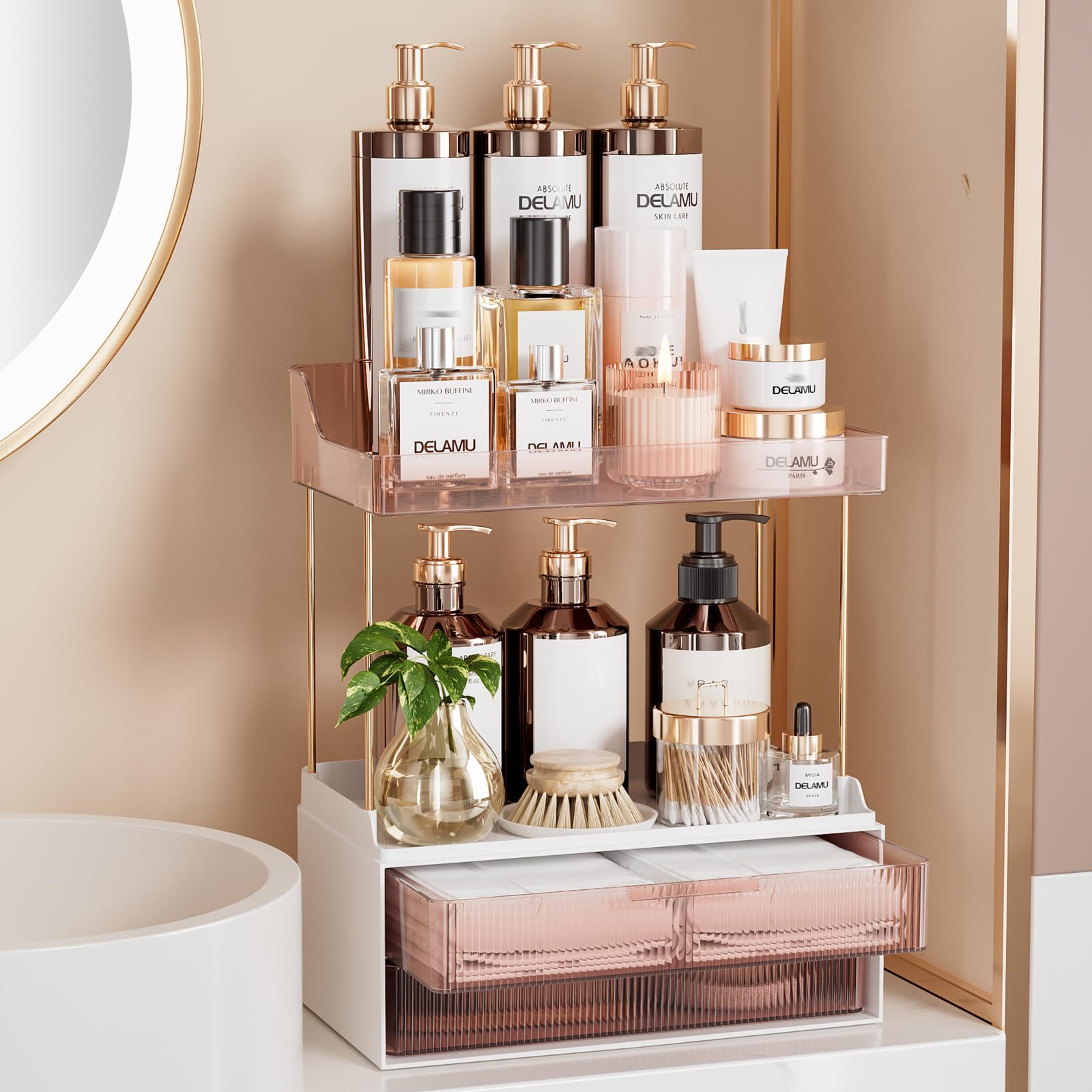 Photo 1 of ***MISSING PCS****Delamu Bathroom Organizers and Storage, 2 Tier 2 Drawer Makeup Organizer Countertop, Easy to Install, Ideal for Bathroom Counter, Vanity, Large Skincare, Perfume, Present, Desk and More, Grapefruit