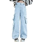AOWKULAE Girls Jeans Elastic Waist Wide Leg Pants Kids Jeans 4-14 Years