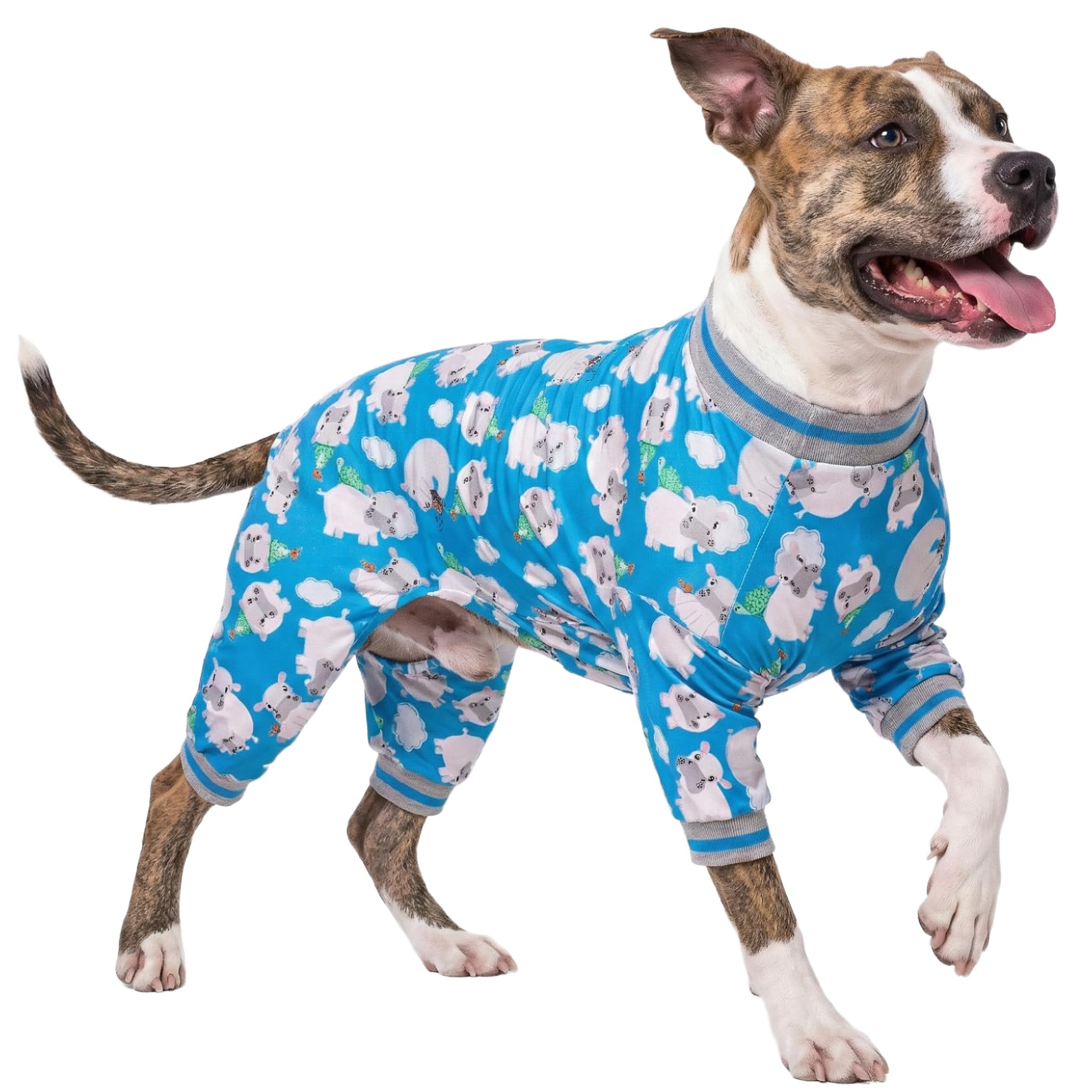 LovinPet Long Sleeve Dog Pajamas, Dog Onesie Large Breed, Pitbull Onesie, Slim Fit, Lightweight Pullover, Full Coverage Dog Pjs, Happy Hippo Blue Print, L — image 1