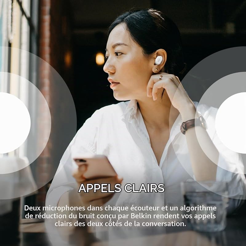 Écouteurs sans fil SOUNDFORM Play (3 préréglages, certification IPX5 pour la résistance à la sueur et aux éclaboussures, autonomie de 38 heures, pour iPhone, Galaxy, Pixel, etc., blanc) AUC005