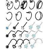 Tkzndnm 20g Nose Rings Studs Hoops Piercings Jewelry for Women Hypoallergenic Black Rainbow Surgical Steel Straight Corkscrew l Shaped Bars
