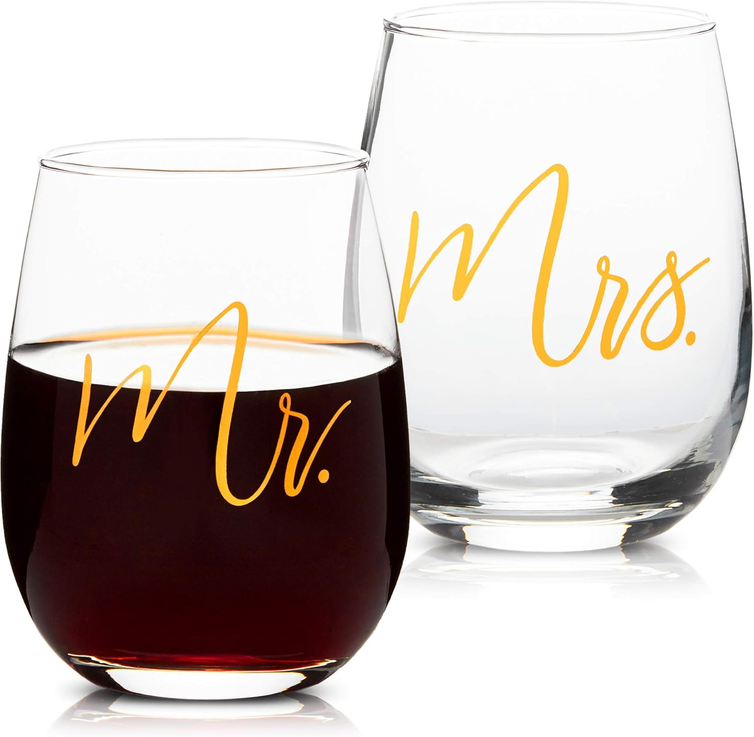 Mr and Mrs Stemless Wine Glasses, 16Ounce Capacity (Set