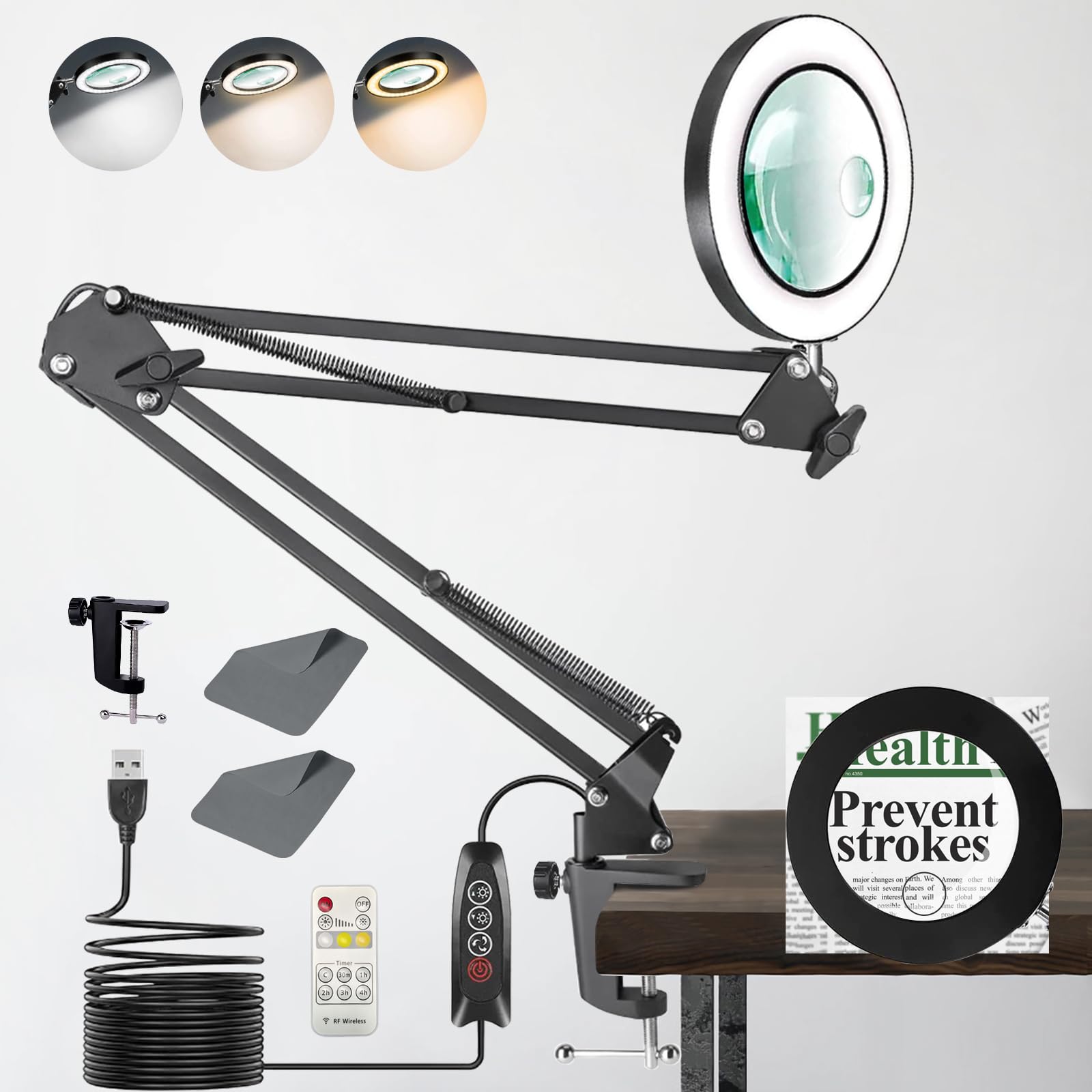 Magnifying Glass with Light,10X 15X 5 Color Mode Stepless Dimmable Lighted Magnifier Clamp Lamp with Remote Control, Adjustable Arm 4.3" Glass Lens LED Magnifying Desk Lamp for Hobbies Reading