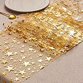 QILANJO 3 Rolls Bling Star Table Runner Glitter Metallic Table Runner Thin Mesh Tabletop Centerpiece Decoration for Home Holiday Birthday Party Dinner, Gold(11"x106")