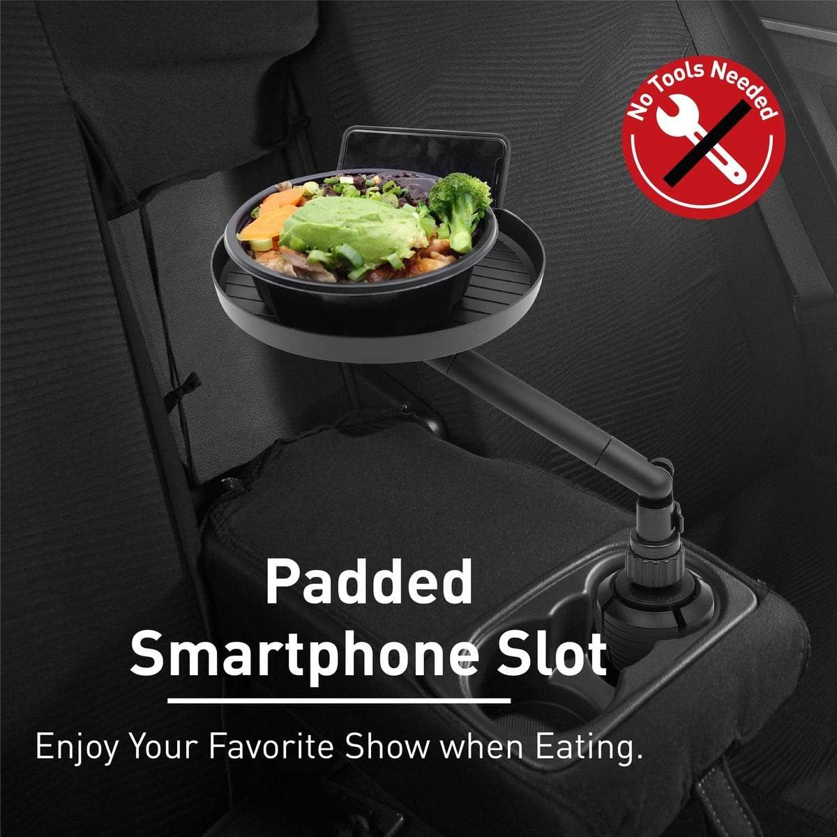 Macally Cup Holder Tray for Car - Enjoy Your Meal and Stay Organized - Adjustable Car Tray Table with 9" Surface, Phone Slot, and 360° Swivel Arm - Car Food Table for Cup Holders 3" to 4.1" Wide