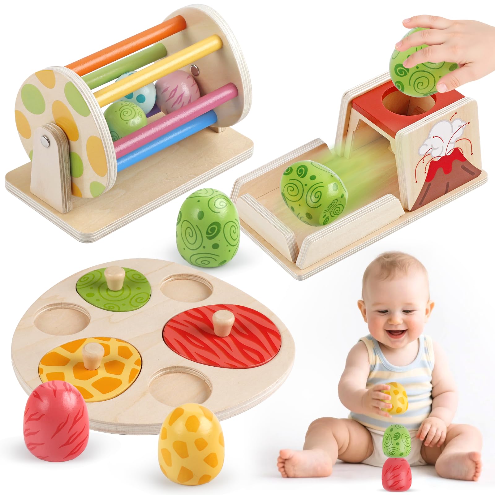 Photo 1 of Montessori Toys for 6 Month Old, Wooden Baby Toys for 6 7 8 9 Month Old Dinosaur Egg Ball Drop Toy Wooden Puzzles Spinning Drum Baby Ball Toy for Infant Toddlers 1 2 3 Christmas Birthday Gift