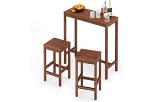 Cozyman 38 inch Bar Table and Chairs Set, Acacia Wood Pub Table with 2 Stools, Rectangular Counter Height Table Set for Dining Room, Kitchen, Living Room, Teak Brown
