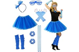 JOIZOMOU 80s Outfit For Women Party 80's Accessories 7pc 70s 90s 1980s Costumes with Blue Tutu Neon Leg Warmers