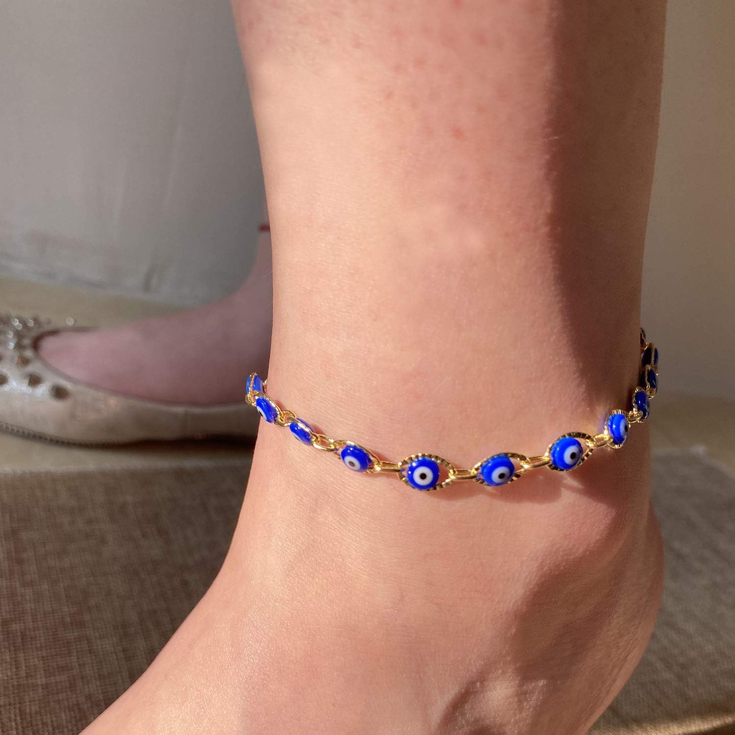 Daity Evil Eye Bracelets for Women, 14K Gold Evil Eye Chain Ankle Bracelet for Girls (Blue): Clothing