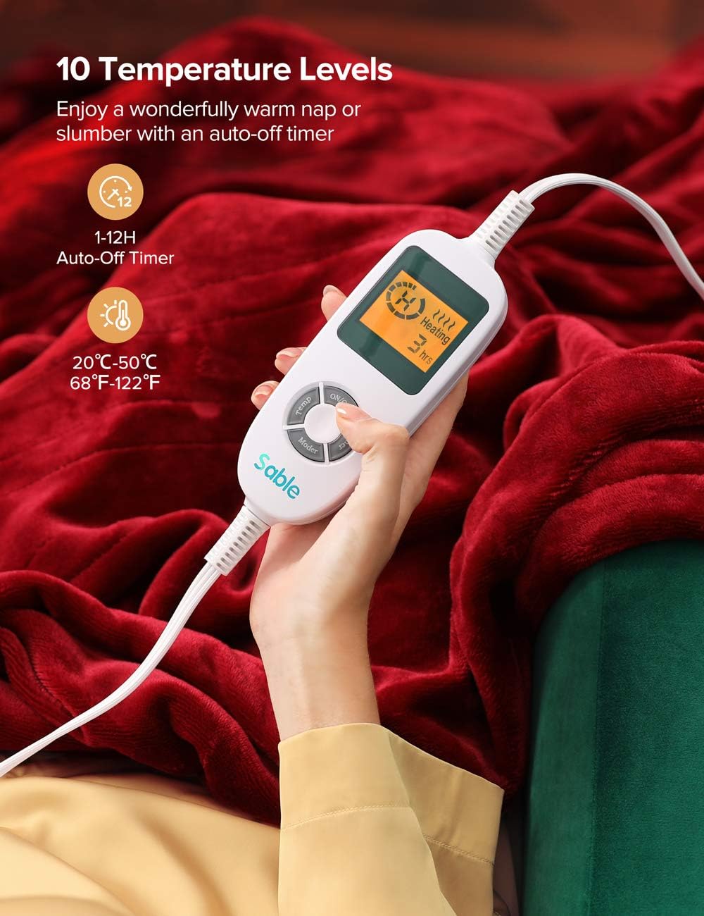 Sable Heated Blankets, 72'' x 84'' Full Size Electric Blanket Throws, Soft Flannel, Full Body Fast Heating, 10 Heat Levels, Auto-Off, ETL Certified, Overheating Protection, Machine Washable (Red): Kitchen & Dining