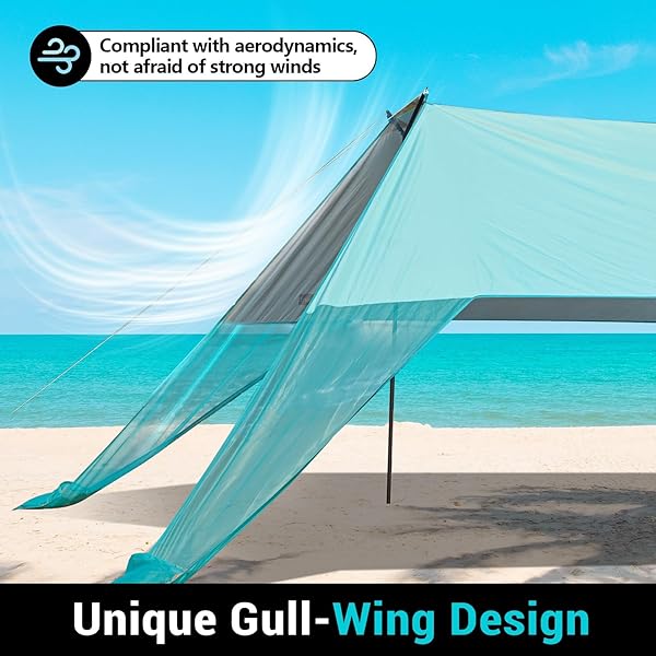 LARGE PORTABLE BEACH SHADE- 15X10FT, EASY SETUP, UPF50+ PROTECTION, ULTRA-STABLE, GULL-WING BEACH TENT