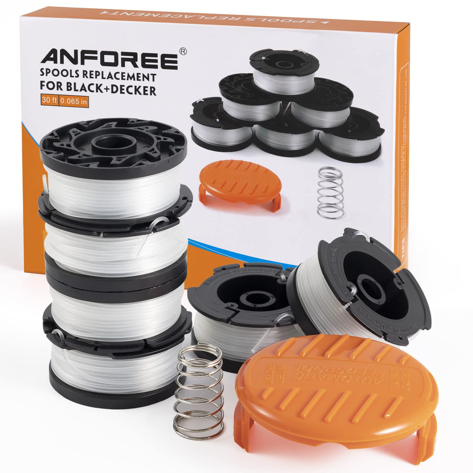 anforee Strimmer Spool Line for Black and Decker, 8Pcs String Trimmer Replacement Spools Compatible with Black & Decker Grass Cutter Trimmer Wire Refills 30ft 0.065"(6 Spool + 1 Cap+1 Spring)