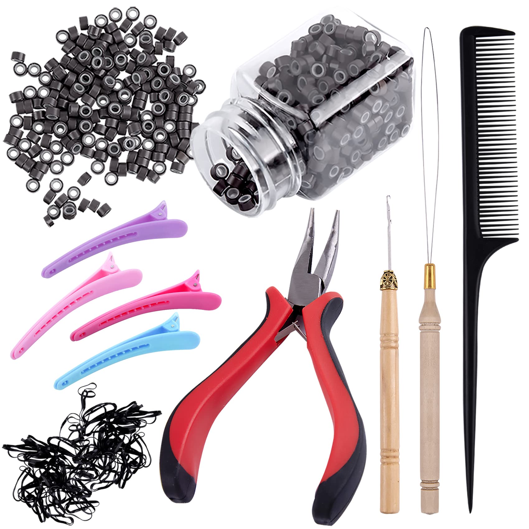 Duufin Hair Extensions Tools Kit with 500 Pcs Dark Brown Micro Ring Beads, Loop Needle Threader Pulling Hook Micro Beads Plier Plastic Alligator Clips Mini Rubber Bands and Comb, Dark Brown