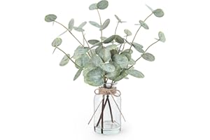 Bessol Artificial Eucalyptus Stems in Glass Vase with Faux Water, 13.5” Fake Plants for Home Decor, Coffee Table Centerpieces, Office, Bathroom & Farmhouse Weddings - Faux Greenery Plants Decorations