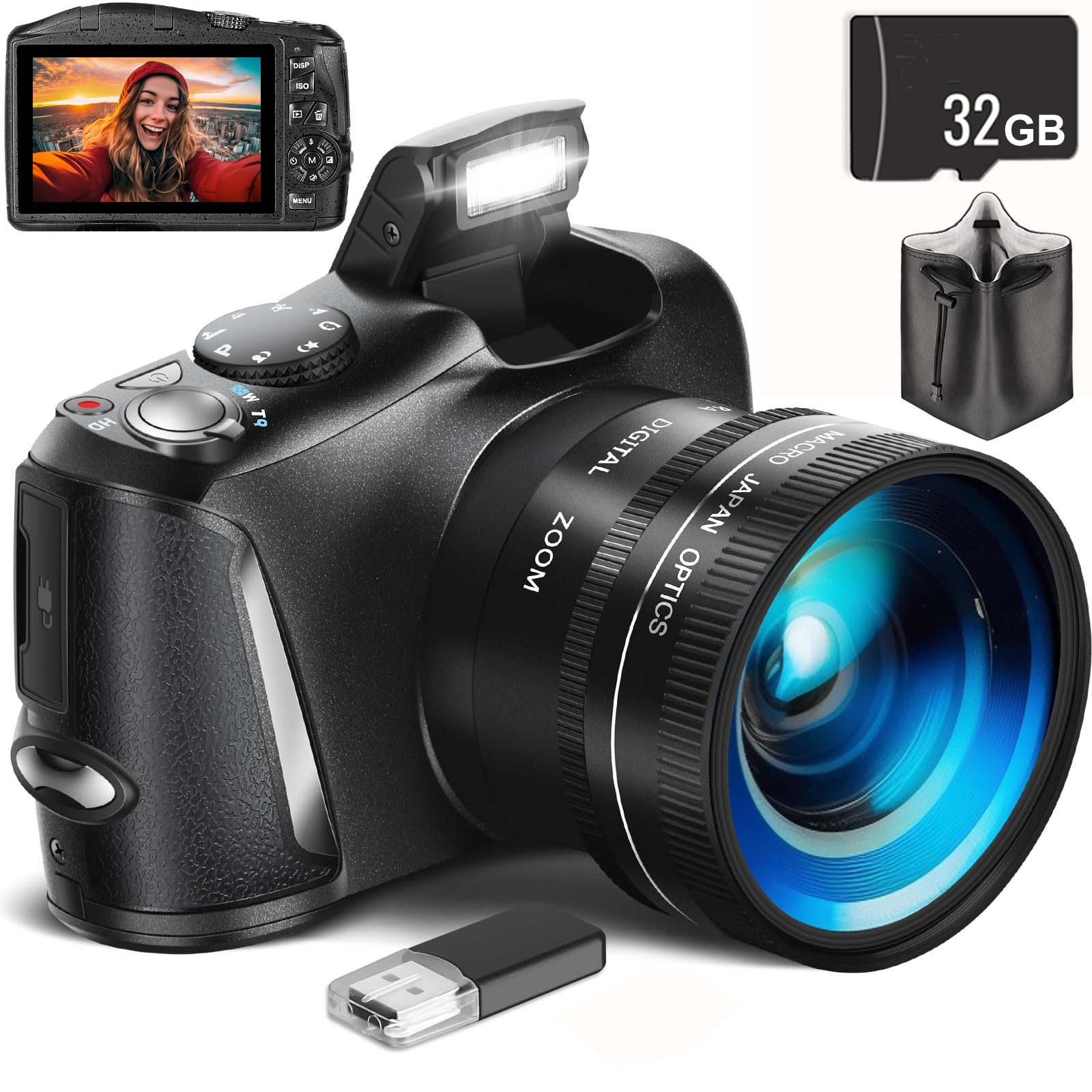 4K Digital Camera with Wide & Macro Lens, 32GB SD Card Included, DSLR Camera for Photography & Vlogging – Beginner-friendly Compact Bridge Camera
