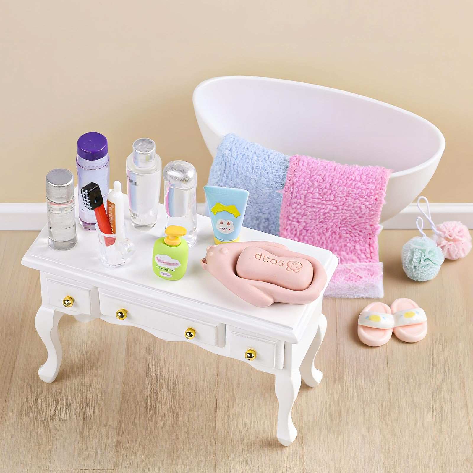 76pcs Miniature Dollhouse Accessories,Dollhouse Bathroom Set with Makeup Set Towel Toothbrush Shampoo Toiletries Set,Miniature Stuff Jewelry Storage Case Perfume Shoes Backpack for Girl Micro Scene