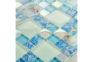 Hominter Glossy Glass Tile with Ice Crack Effect Resin Shell Beach Style Iridescent Blue Versailles Pattern Elegant Mosaic Kitchen Backsplash Bathroom Shower Wall Tiles (5 Square Feet)