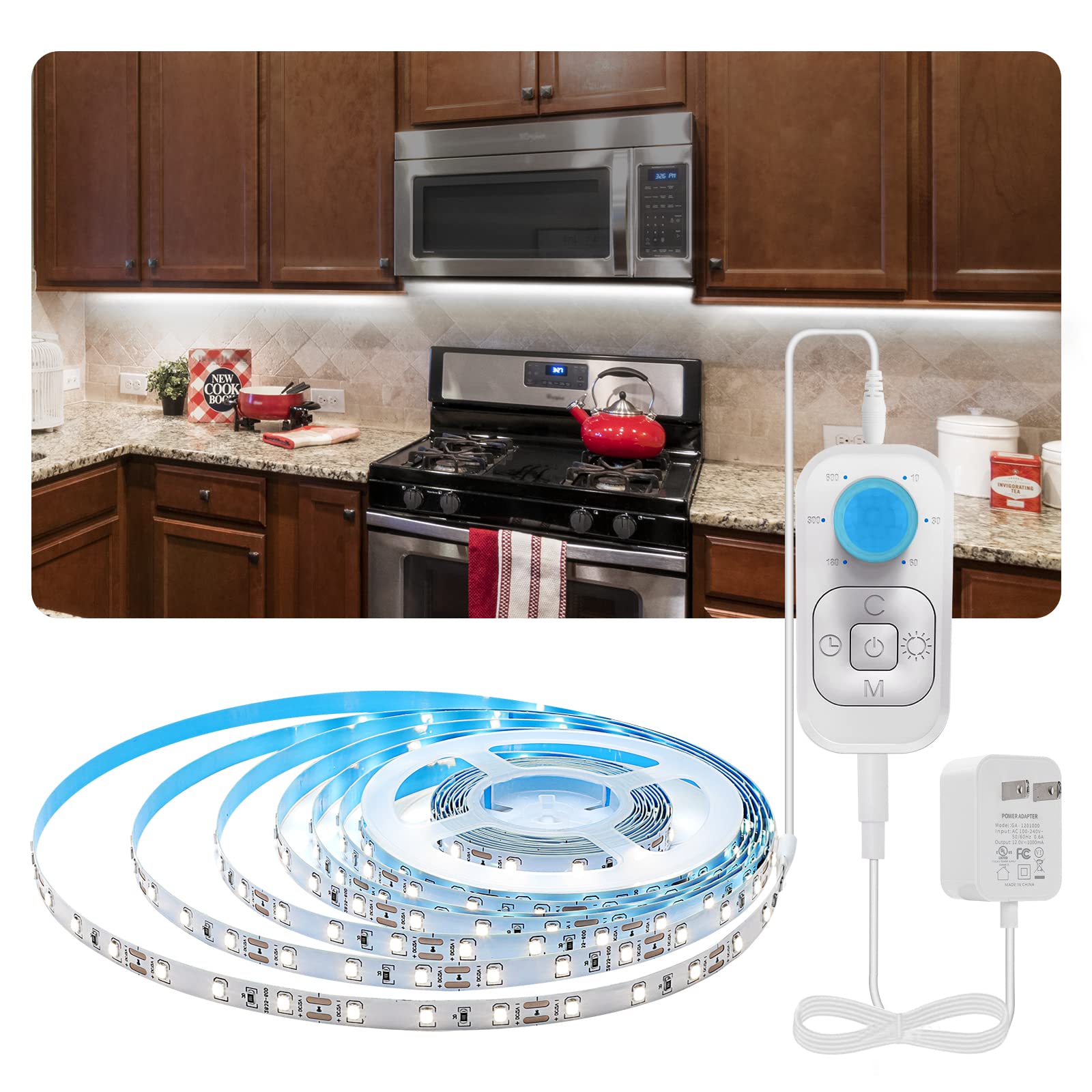 Photo 1 of **USED**Feuymoent Motion Sensor LED Strip Light - Cabinet Strip Lights with 24W Plug, Dimmer and Timing, 9.84ft 3000K WarmWhite