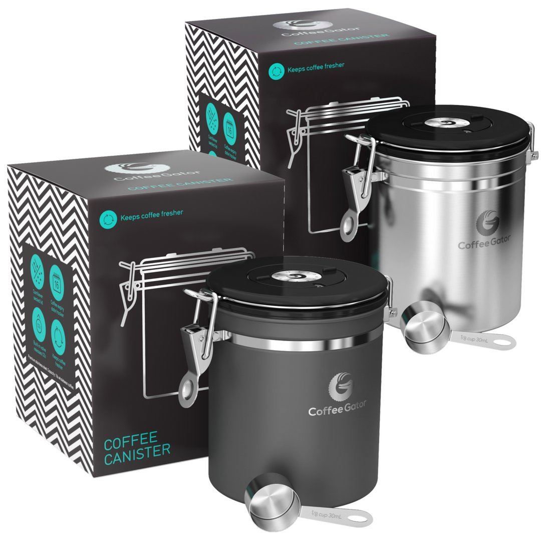 Photo 1 of Coffee Gator Coffee Canister, 2pack 16oz Airtight Stainless Steel Kitchen Food Storage Container with Date Tracker, Scoop for Grounds Coffee Bar Accessories, Beans, Tea, Sugar, Flour - Gray&Silver