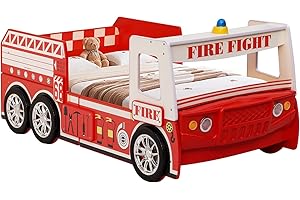 LKTART Twin Size Car Bed for Kids, Fire Truck-Shaped Wooden Platform Bed Frame with LED Lights, Headboard Wheels and Support Slats for Boys Toddlers Child's Bedroom (Red)