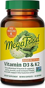 MegaFood Vitamin D3 5000 IU (125 mcg) - Vegetarian Supplements with Vitamin D3 K2 - Supports Bones, Teeth, Muscles & Immune H