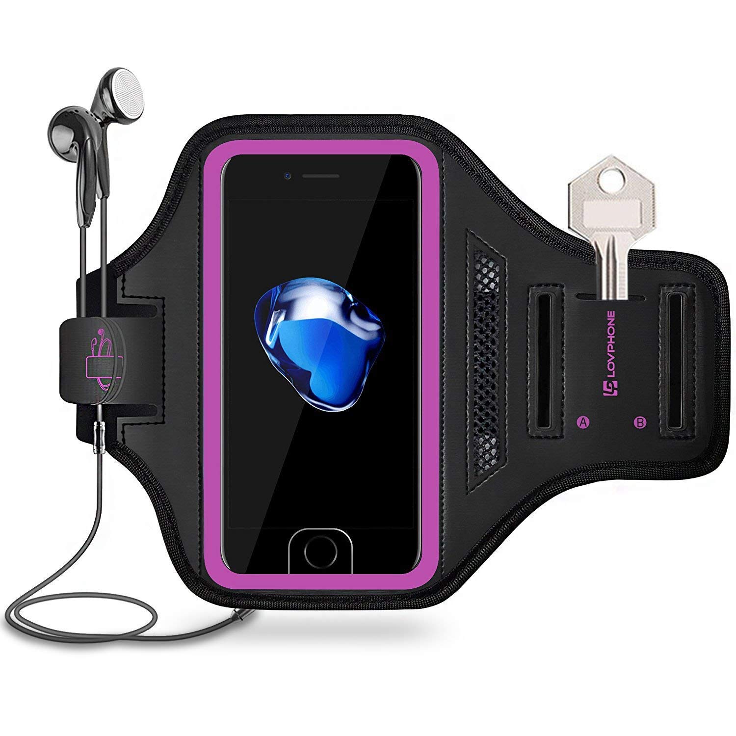 LOVPHONE Man/Women Running Sport Armband for iPhone 7/8 Plus Suitable for Gym Workout w/Kickstand Key Bag Earbuds Holder Card Slot Case, Water Resistant (Rosy)