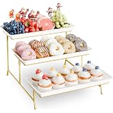 Bumusty 3-Tier Melamine Serving Tray Set, 14 x 7 in, Gold Stand | Melamine Reusable Platters with Metal Display Stand for Cupcakes, Desserts, Fruit, Cookies, Parties, Birthdays and Holidays