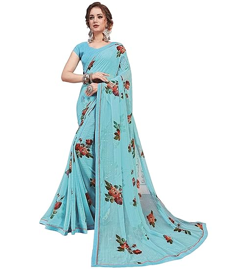 Womens Georgette Printed Saree With Border And Blouse Material