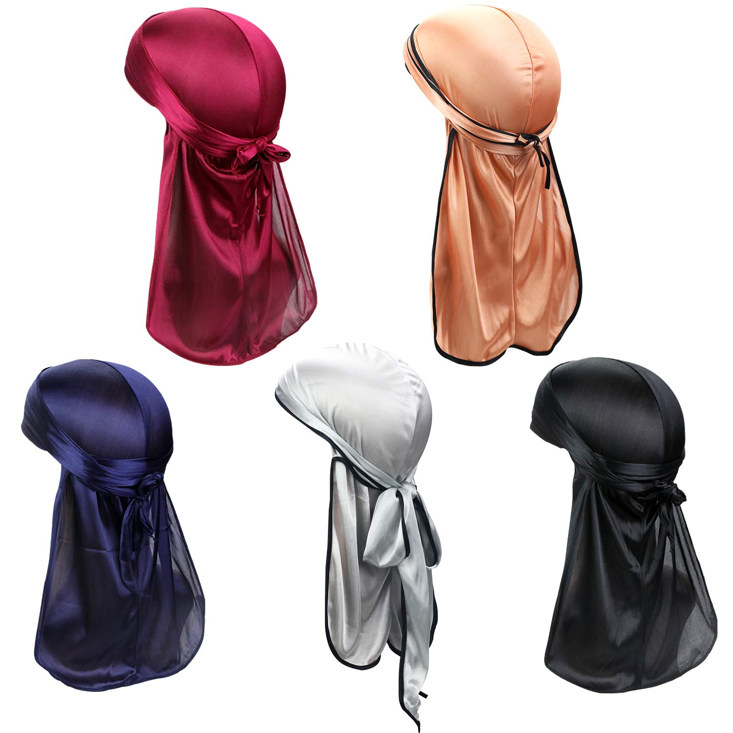 TUPARKA 5 Pcs Soft Silky Durag Cap Long Tail Headwrap Wide Straps Silky Pirate Durag Cap for Hip Hop and Daily Decoration (color A)