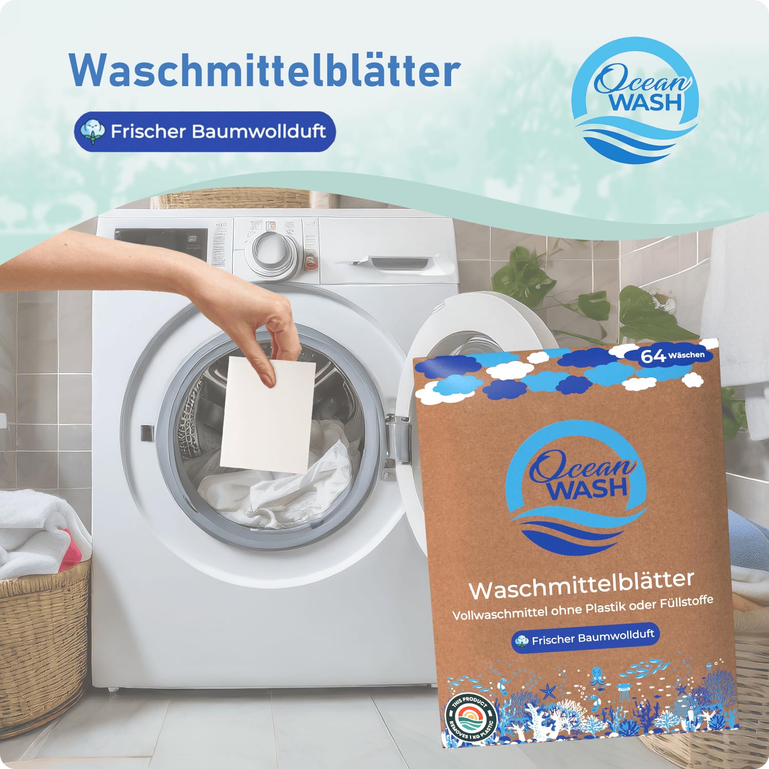 OceanWash Waschmittelblätter für 64 Wäschen biologisch abbaubar & mit Frischeduft - Waschmittel Blätter für alle Textilien und Farben - Waschblätter für die Waschmaschine mit Vollwaschmittel 2