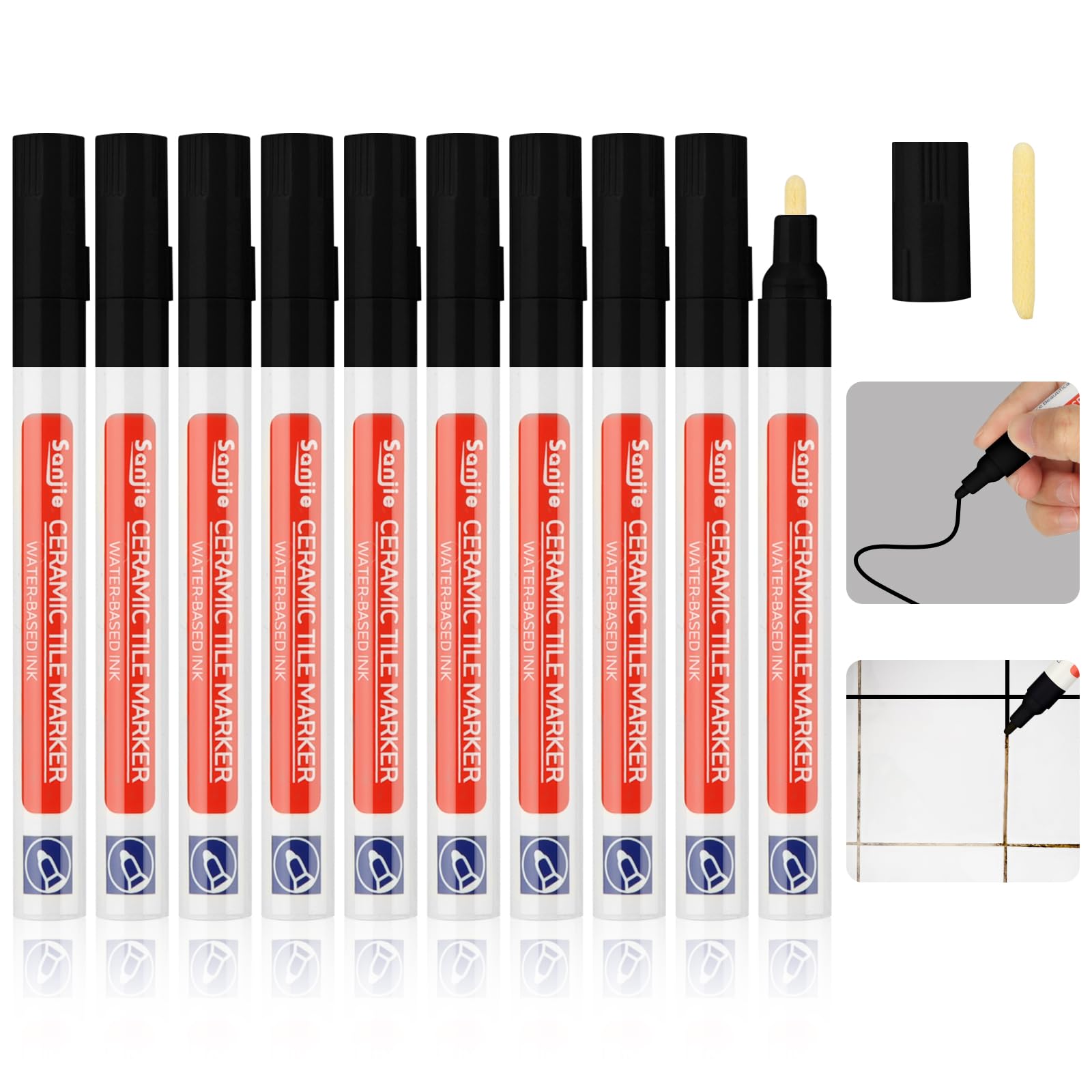 Sheryl&Rain 10 Pcs Black Grout Pen,Tile Pen for Tiles Bathroom with Replacement Nib Tips Anti-Grout Black Tile Pen Marker for Restoring Tile Grout Wall Floor Bathroom Kitchen and Floor Tiles
