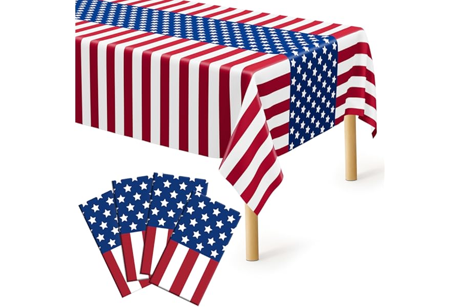 4 Pcs 4th of July Decorations, 108" X 54" Plastic 250th Anniversary 4th of July Tablecloths, Rectangle Red White Blue Tablecl Book