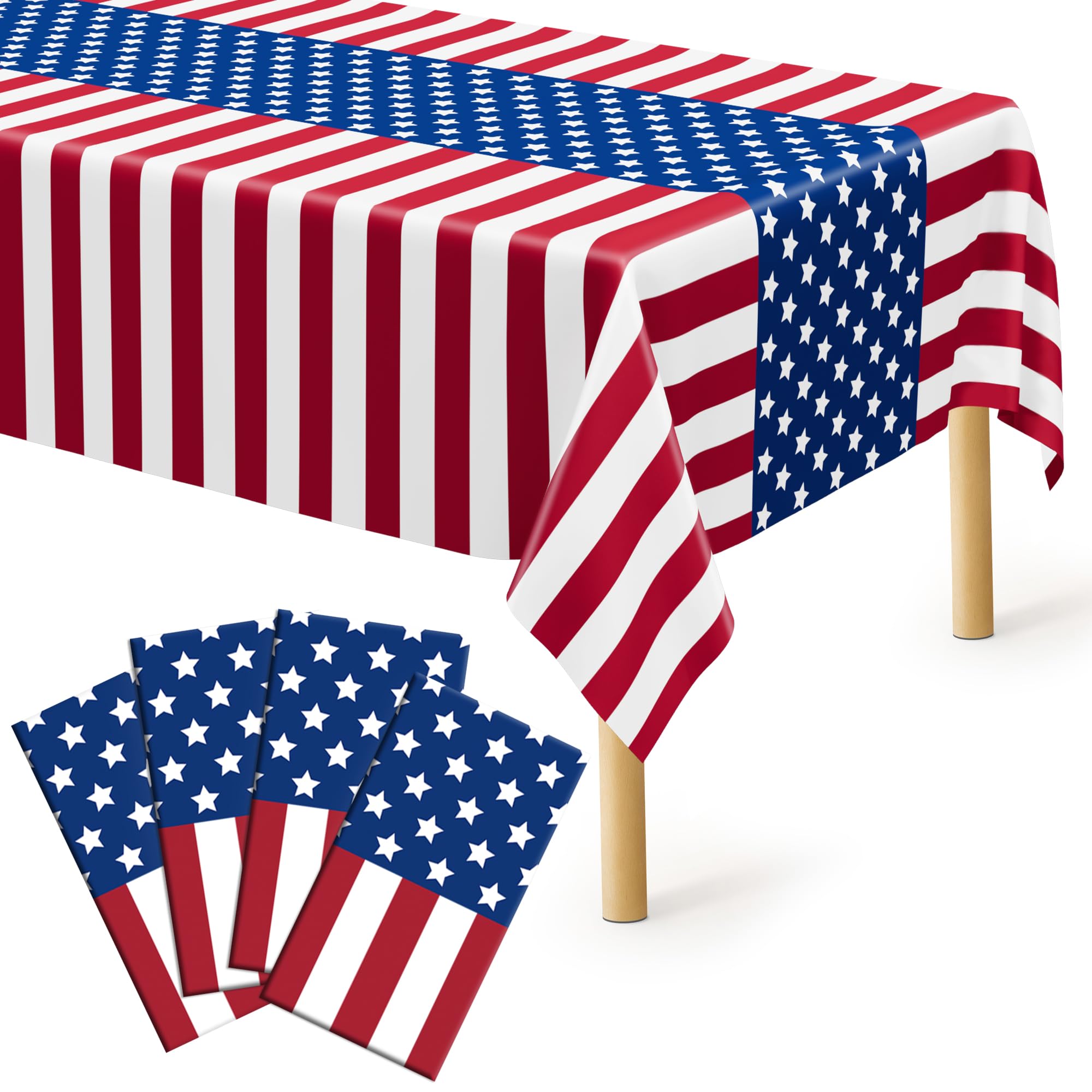 4 Pack American Flag Tablecloths, Plastic Disposable Patriotic Table Covers