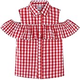 Noomelfish Girls Ruffle Cold Shoulder Top Blouse Short Sleeve Button Down Shirts (4-12 Years)