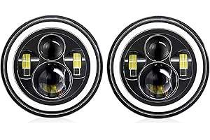 Shkalacar 7inch LED Headlight H4 140W Angel Eyes Round Headlights 4 Modes 14000LM 6000K White/3000K Amber Car Motorcycle Head