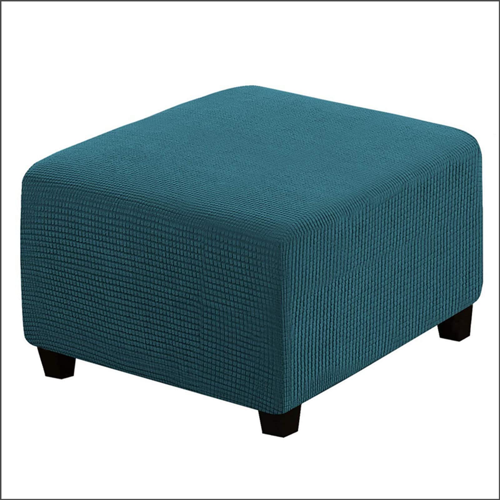 Qiden Square Footstool Ottoman Plush, 10% Thicker Large Stretch Pouffe Cover Anti-Slip Foot Stool Jacquard Slipcovers With Elastic Bottom, Machine Washable-Teal Blue-Large