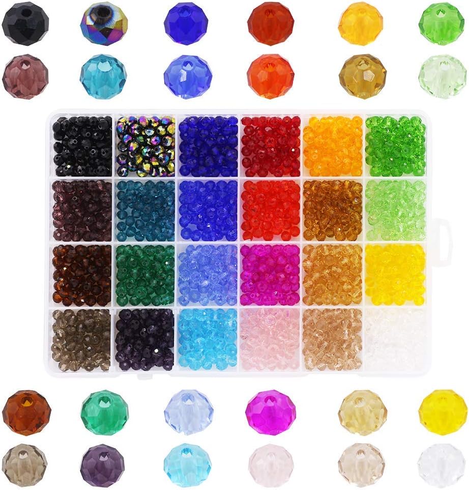 Glass Beads for Jewelry Making, 1200pcs 6mm Crystal Rondelle Spacer Beads in 24 Colors, Faceted Briolette Beads for DIY Earrings, Bracelets, Necklaces, and Craft Projects