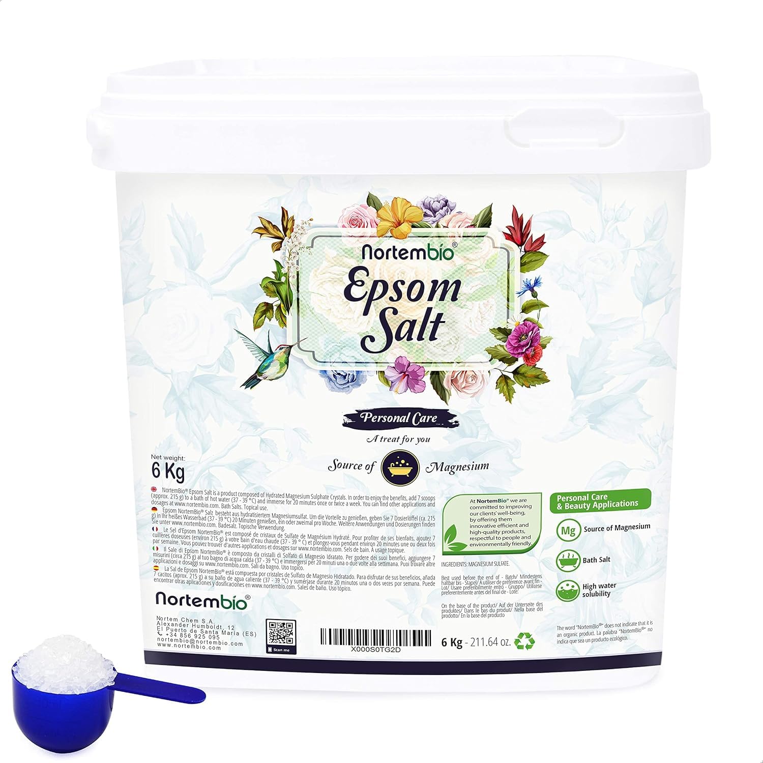 Nortembio 100% Pure Epsom Salt 6 kg – Concentrated Source of Magnesium | for Sensitive Skin | with Hydrating Vitamins C & E | No Additives, Natural External Use + Free E-Book — image 1