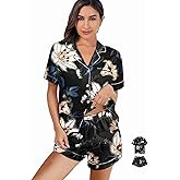 WJing Yi Jia Womens 3Pcs Satin Pajamas Set Floral Silk Pajama Sets Stripe Lounge Set Silky Sleepwear XS-2XL Pjs Long Scarves