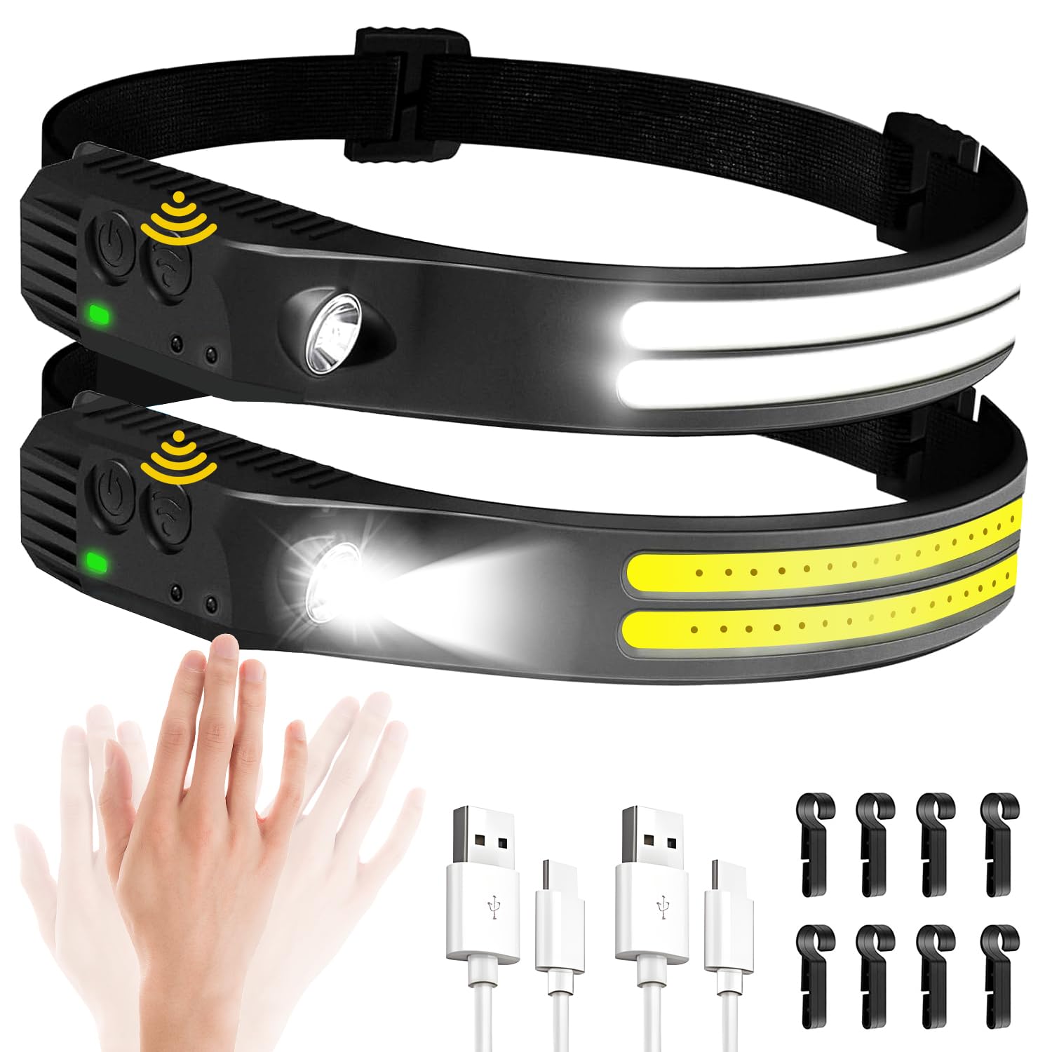 Leerweii 2Pack Head Torch Rechargeable, Super Bright Headtorch 6 Lighting Modes with Motion Sensor, 230°Wide Angle Led Head Torch IPX5 Waterproof for Hiking, Running, Camping