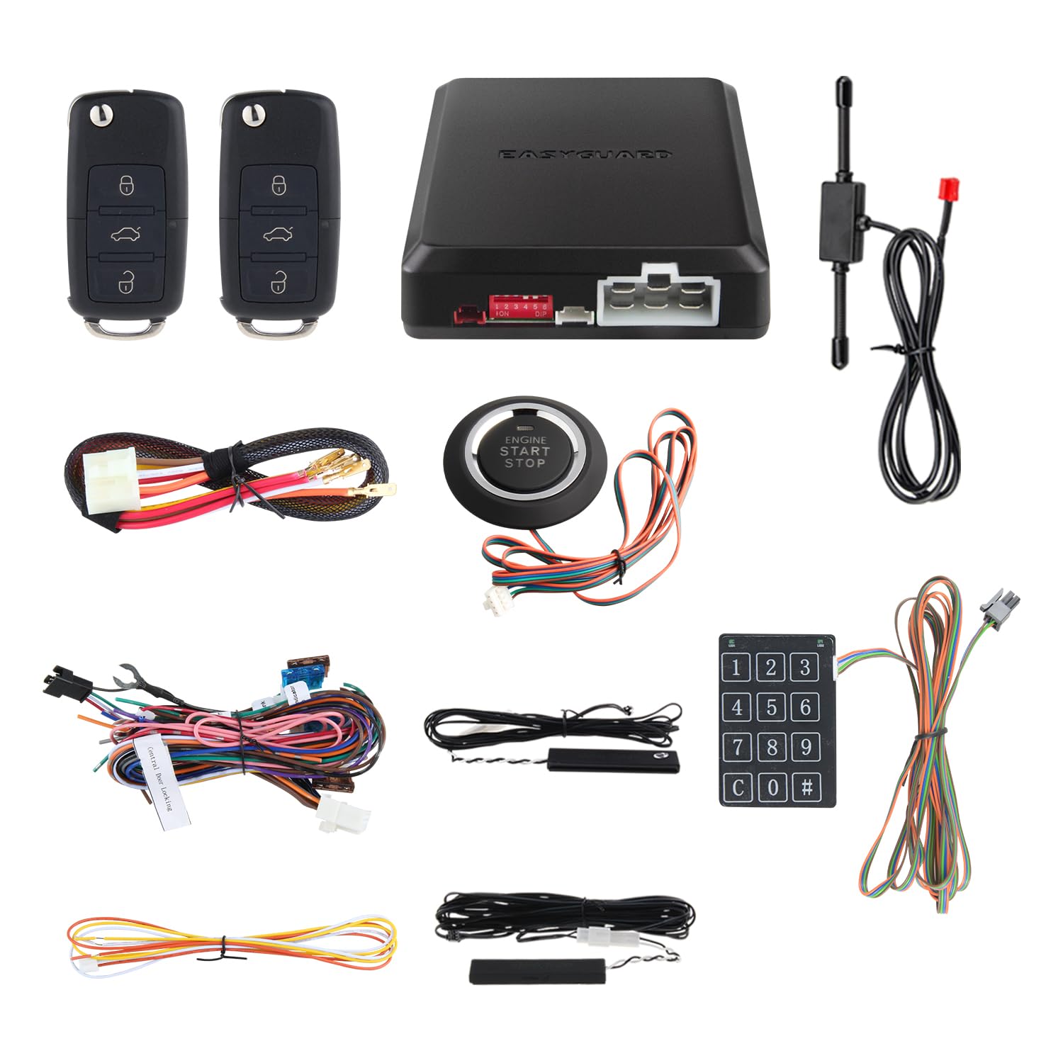 EASYGUARD EC002-V PKE Car Alarm System Remote Starter Push Button Password keypad Keyless Go System Uncut Key Blade