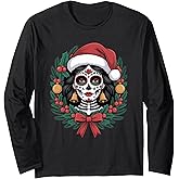 Christmas Sugar Skull Art Woman Santa Hat Festive Design Long Sleeve T-Shirt