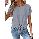 EVALESS Womens Bow Knot Hem Short Sleeve Blouses Dressy Casual Summer Crewneck T Shirts Going Out Tops