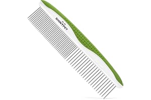 SHINY PET Dog & Cat Comb – Removes Tangles, Knots, and Matted Fur – Grooming Tool with Stainless Steel Teeth and Non-Slip Handle – Best Pet Hair Comb for Home Grooming Kit – Includes eBook Guide