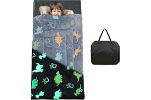 VINILITE Kids Sleeping Bags Glow in The Dark, Thicken Soft Warm Furry Flannel Luminous Slumber Bag with Pillow Pocket, Slumber Sack Napmat for Boys Girls Gift Sleepover Daycare Preschool
