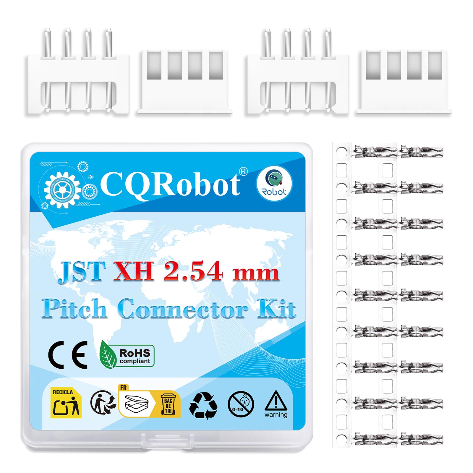 CQRobot JST XH 2.54 mm Pitch 4-Pin Electronic Computer Connector IC Male Plugs, Female Sockets Housing and T-Shaped Crimp Terminal Kit. 50 Sets/300 Pieces Wire-to-Board Adapter Cable Assembly.