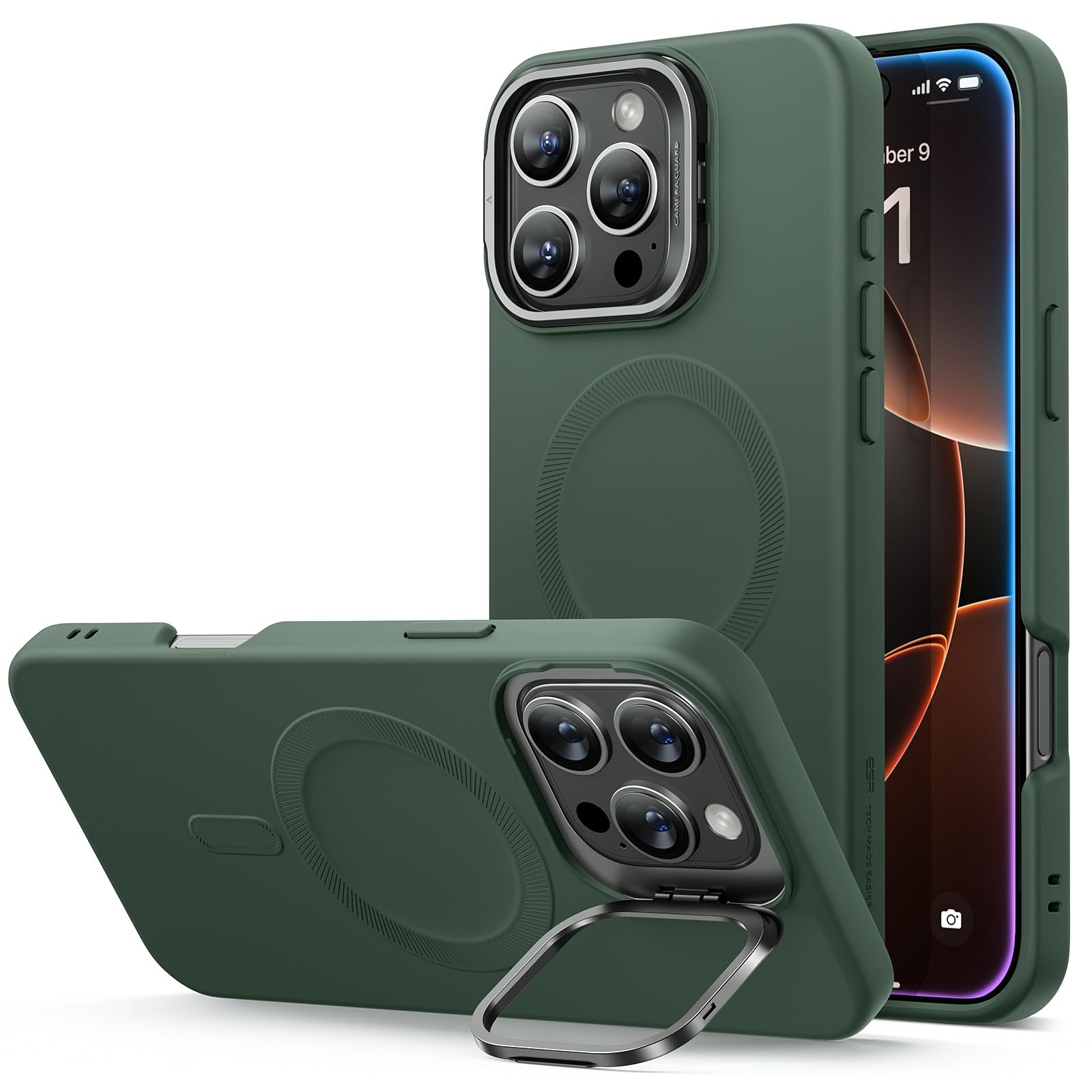 Photo 1 of ESR for iPhone 16 Pro Max Case, Silicone Case with Stand, Compatible with MagSafe, Built-in Camera Stash Stand, Magnetic Phone Case for iPhone 16 Pro Max, Cloud Series, Green