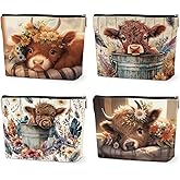 4 PCs Highland Cow Makeup Bag Cow Print Stuff Highland Cow Gifts Cosmetic Bag, Western Gifts for Women Scottish Girls Best Friends Coworkers, Cute Cow Stuff Christmas birthday Gifts Zipper Pouch