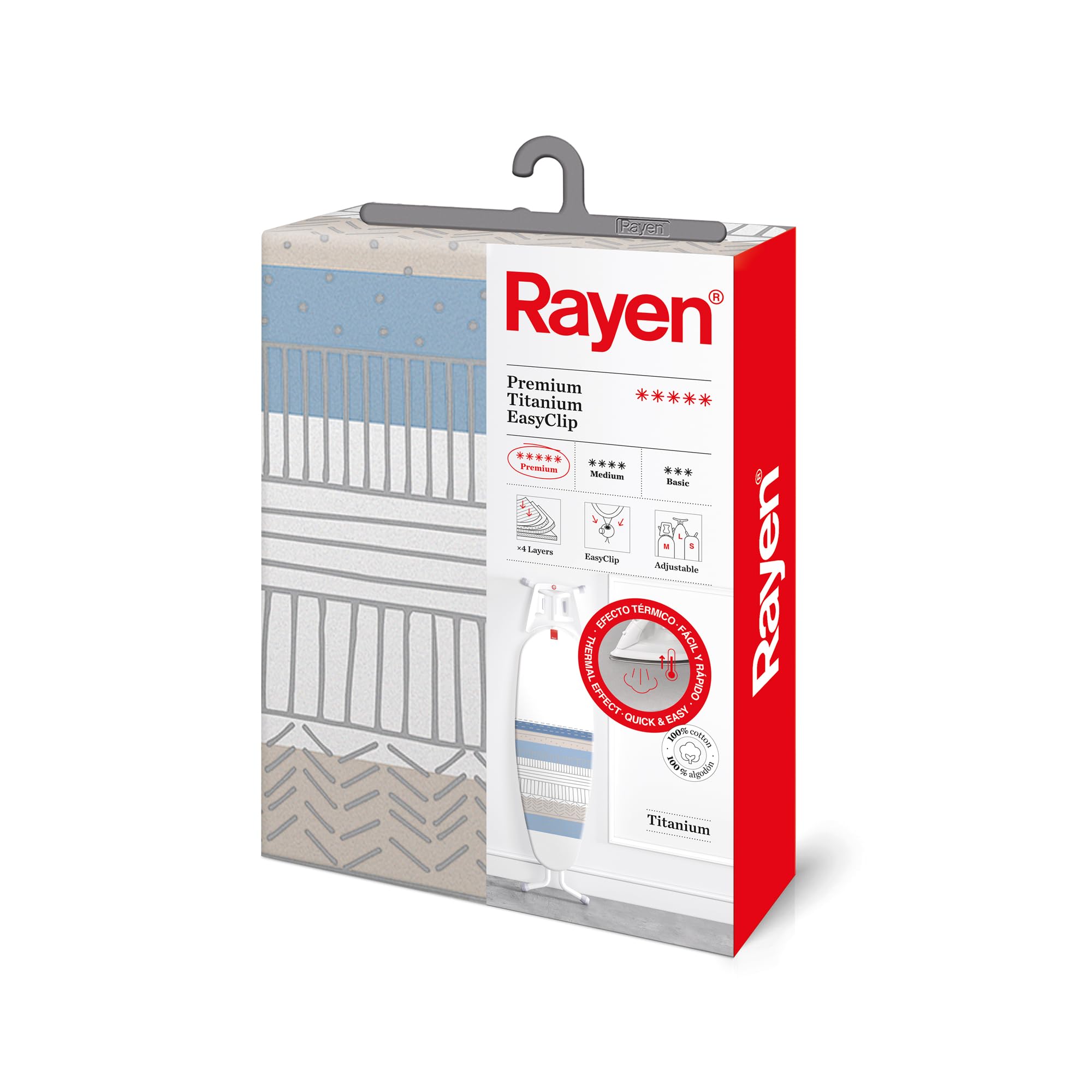 Rayen | Universal ironing board cover (easy-to-fit padded ironing board cover) EasyClip system | 4 layers: Foam, flannelette, 100% cotton fabric and titanium | Cover with titanium coating | Premium range |