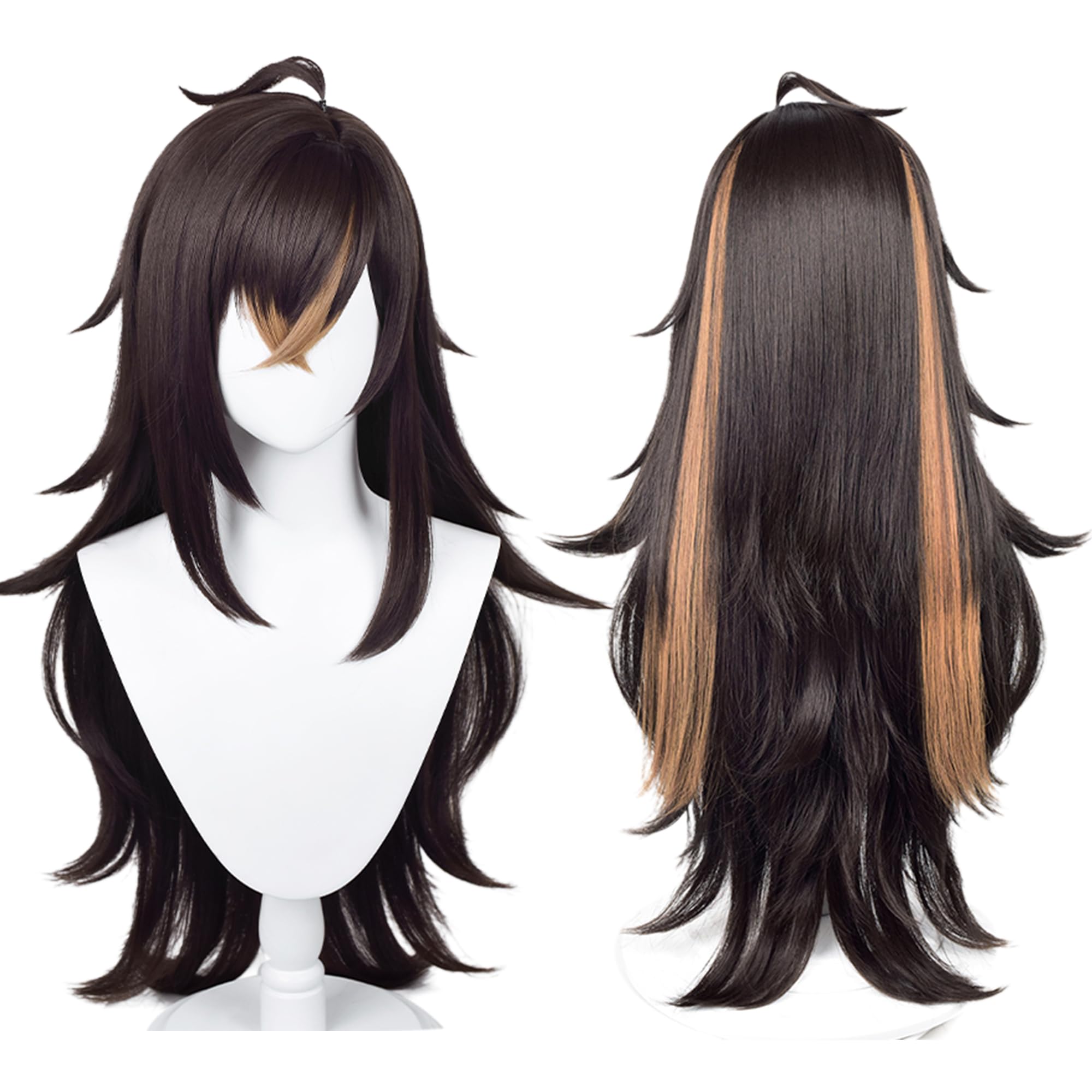 Brown Mixed Orange Long Wave Heat Resisitant Synthetic Hair for Adult Women Men Halloween Cos Anime Role Play Replacement Wigs — image 1
